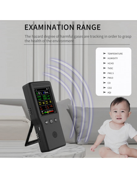 9 In 1 Air Quality Detector PM2.5 PM10 HCHO TVOC CO CO2 AQI Temperatur
