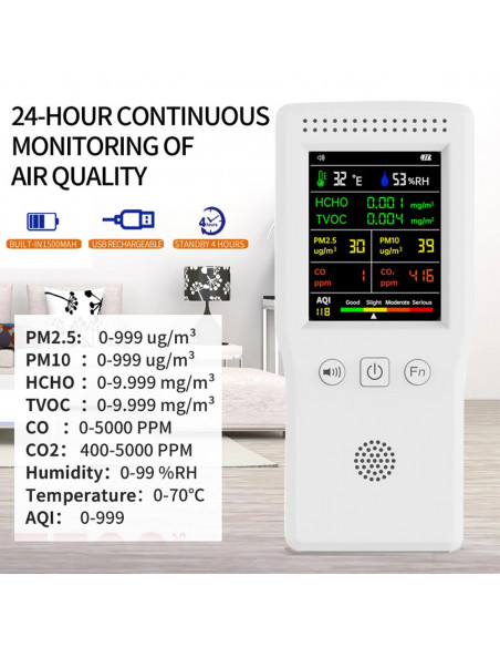 9 In 1 Air Quality Detector PM2.5 PM10 HCHO TVOC CO CO2 AQI Temperatur