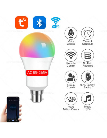 Tuya Wifi Bluetooth smart light bulb LED RGB Smart Light B22 220V 85-2