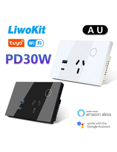 LiwoKit AU Tuya Wifi Wall Socket Smart WIFI Plug USB TYPE-C PD 30W Arg