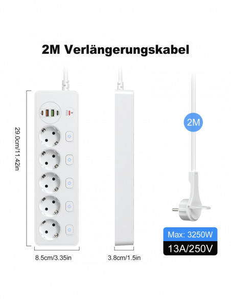 European plug Smart Power Strip with Multi USB Port Type-C, Independen