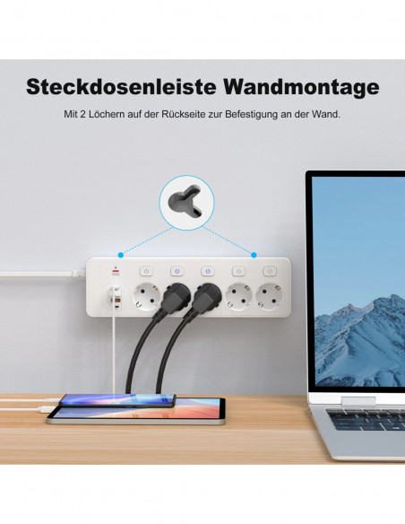 European plug Smart Power Strip with Multi USB Port Type-C, Independen