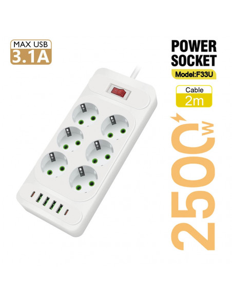 EU Plug AC Outlet Multitap Power Strip 2m Extension Cord Electrical So