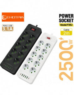 EU Plug AC Outlet Multitap Power Strip 2m Extension Cord Electrical So