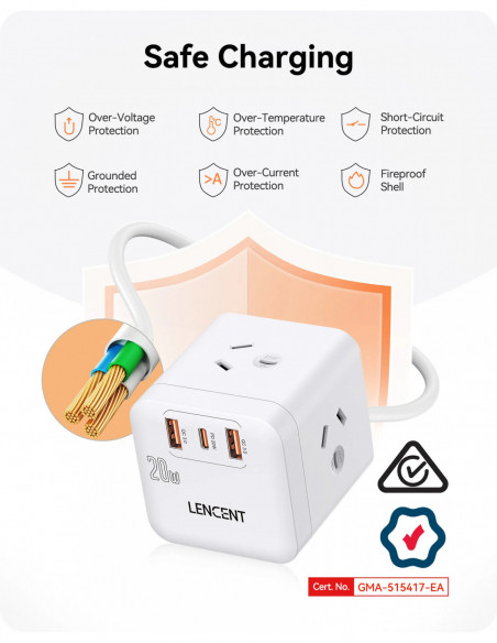 LENCENT AU Plug Power Strip Cube with 3AC +2 USB-A +1 Type C PD20W Fas