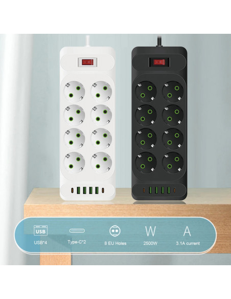 EU Plug AC Outlet Multitap Power Strip 2m Extension Cord Electrical So