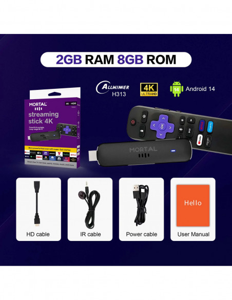 Mortal Wi-Fi 6 Streaming Stick Q8 Ultra 4K HDR Android14 AllwinnerH313