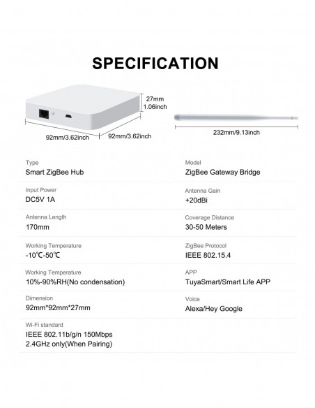 Tuya ZigBee 3.0 Gateway Hub with Antenna Smart Home Gateway Bridge for
