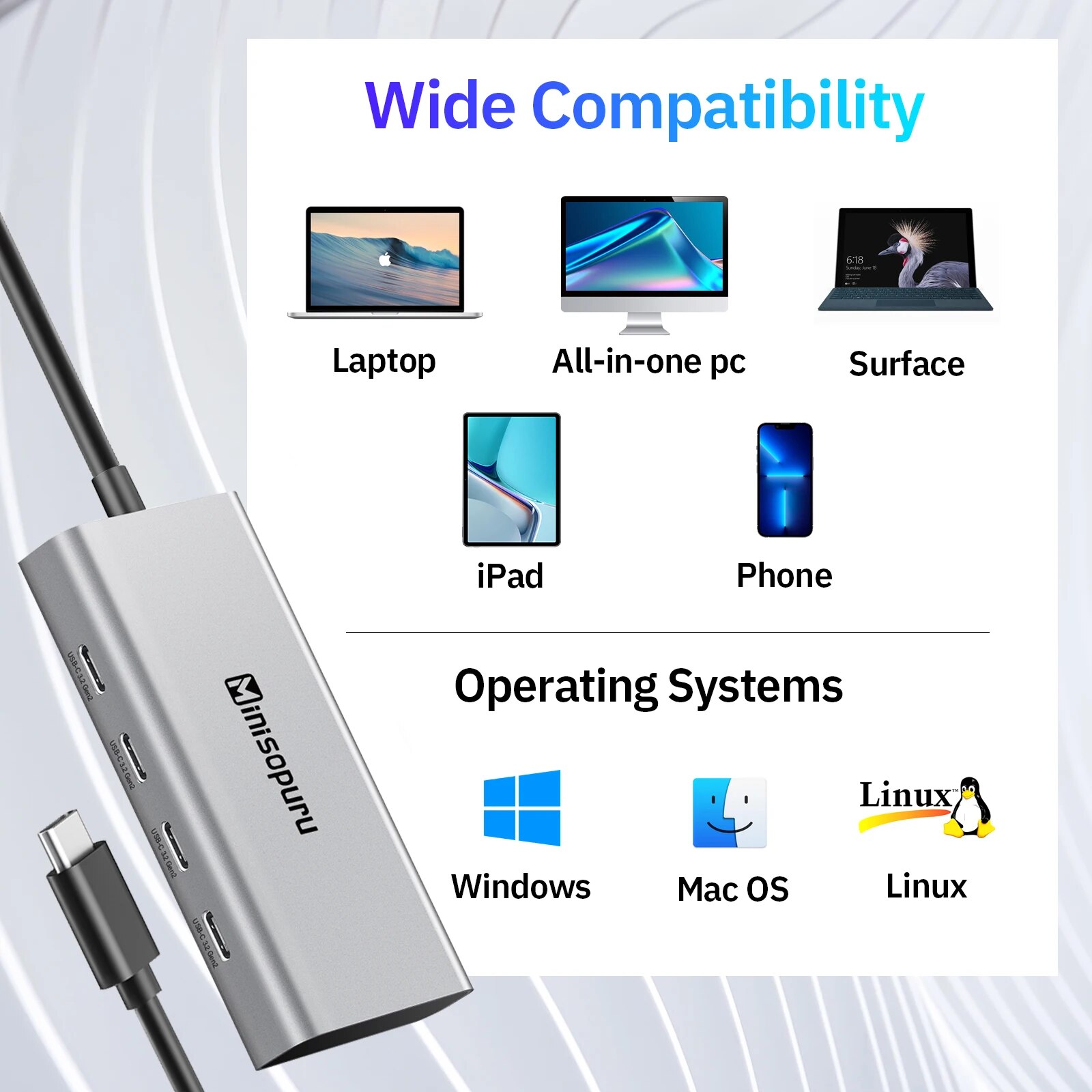 Minisopuru USB C Hub 4 Port 10Gbps Type C to USB C 3.2 Gen 2 Expansion Dock Adapter for Laptops MacBook Pro Air USB 3.2 Hub