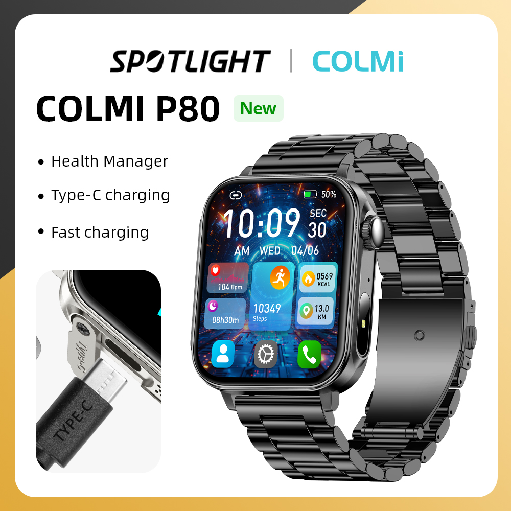 COLMI P80 Type-c Smartwatch Men Women Health Manager Bluetooth Call IP67 Waterproof Flashlight Smart Watch For Xiaomi iOS Phone