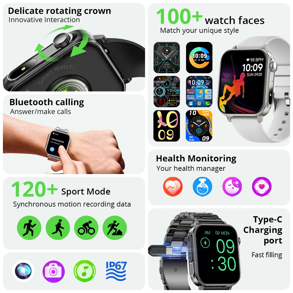 COLMI P80 Type-c Smartwatch Men Women Health Manager Bluetooth Call IP67 Waterproof Flashlight Smart Watch For Xiaomi iOS Phone