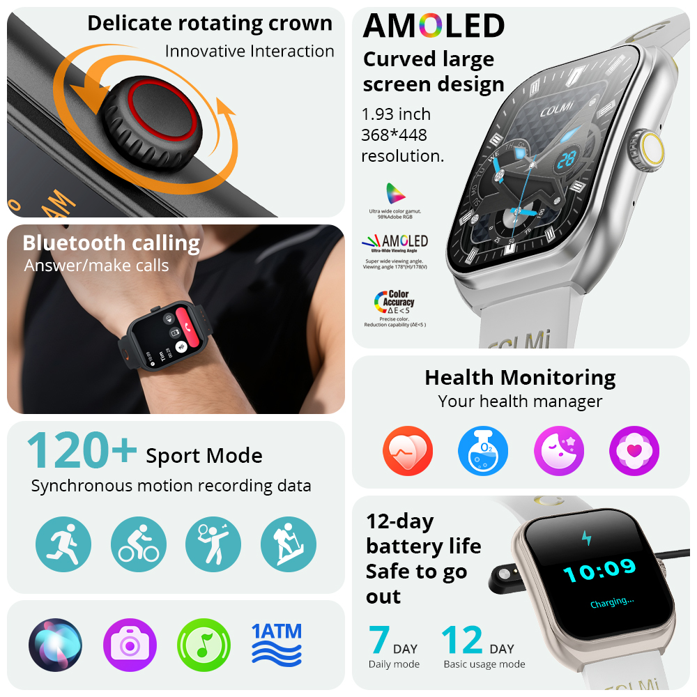 COLMI P86 1.93" AMOLED Smartwatch Men Health Manager Bluetooth Call IP68 Waterproof Smart Watch Women For Xiaomi iOS Phone
