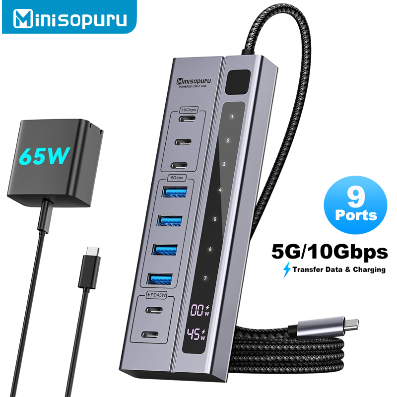 Minisopuru 9 in 1 Powered USB C Hub with 65W Power Adapter Max 45W Charging USB C 10Gbps Data for Meta Quest Pro Steam iPhone