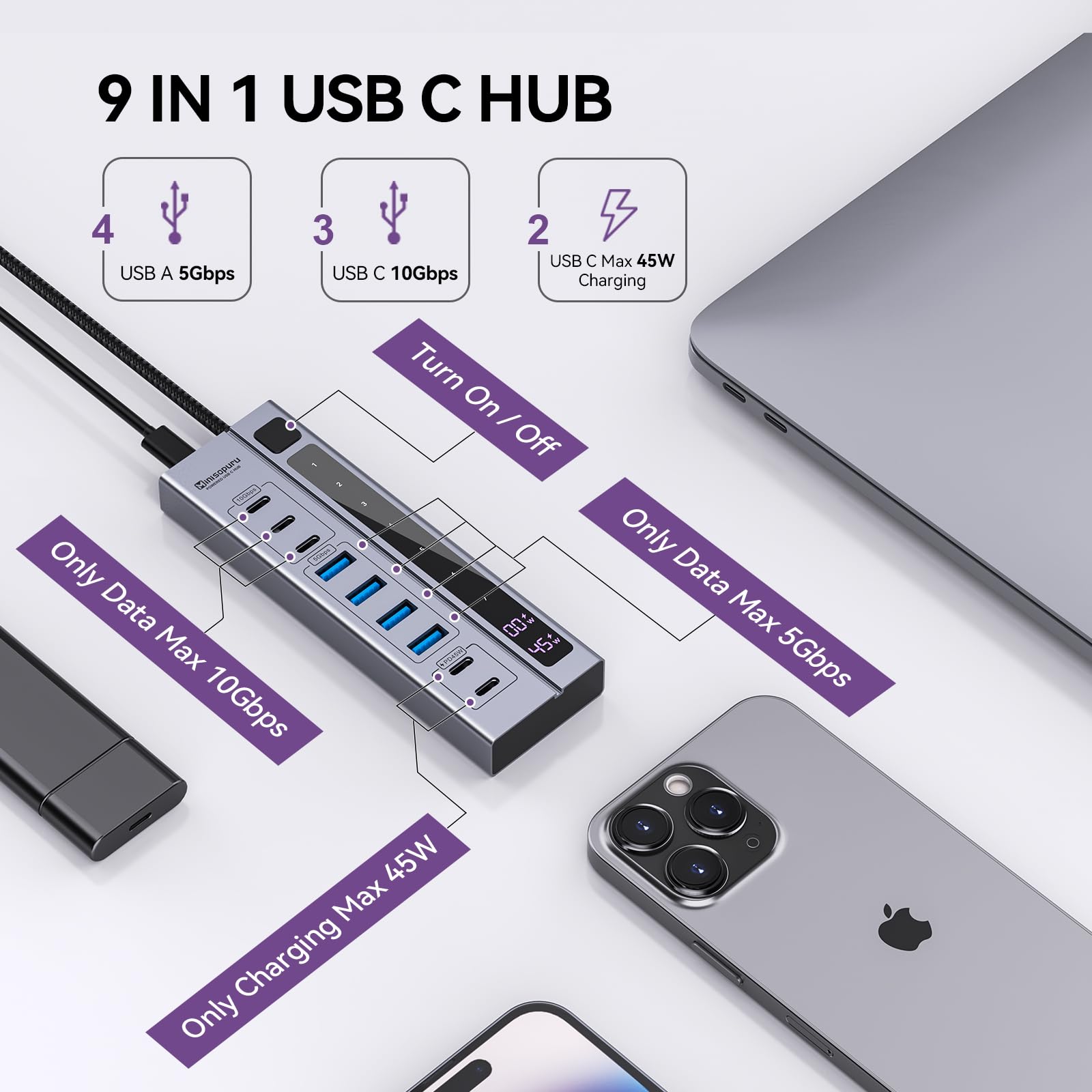 Minisopuru 9 in 1 Powered USB C Hub with 65W Power Adapter Max 45W Charging USB C 10Gbps Data for Meta Quest Pro Steam iPhone