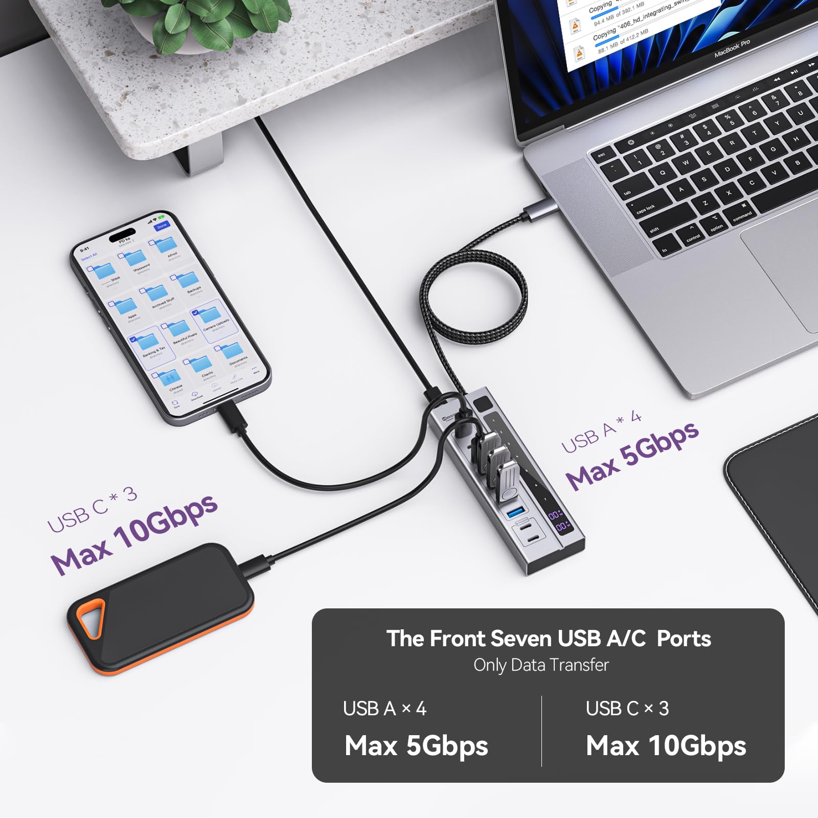 Minisopuru 9 in 1 Powered USB C Hub with 65W Power Adapter Max 45W Charging USB C 10Gbps Data for Meta Quest Pro Steam iPhone