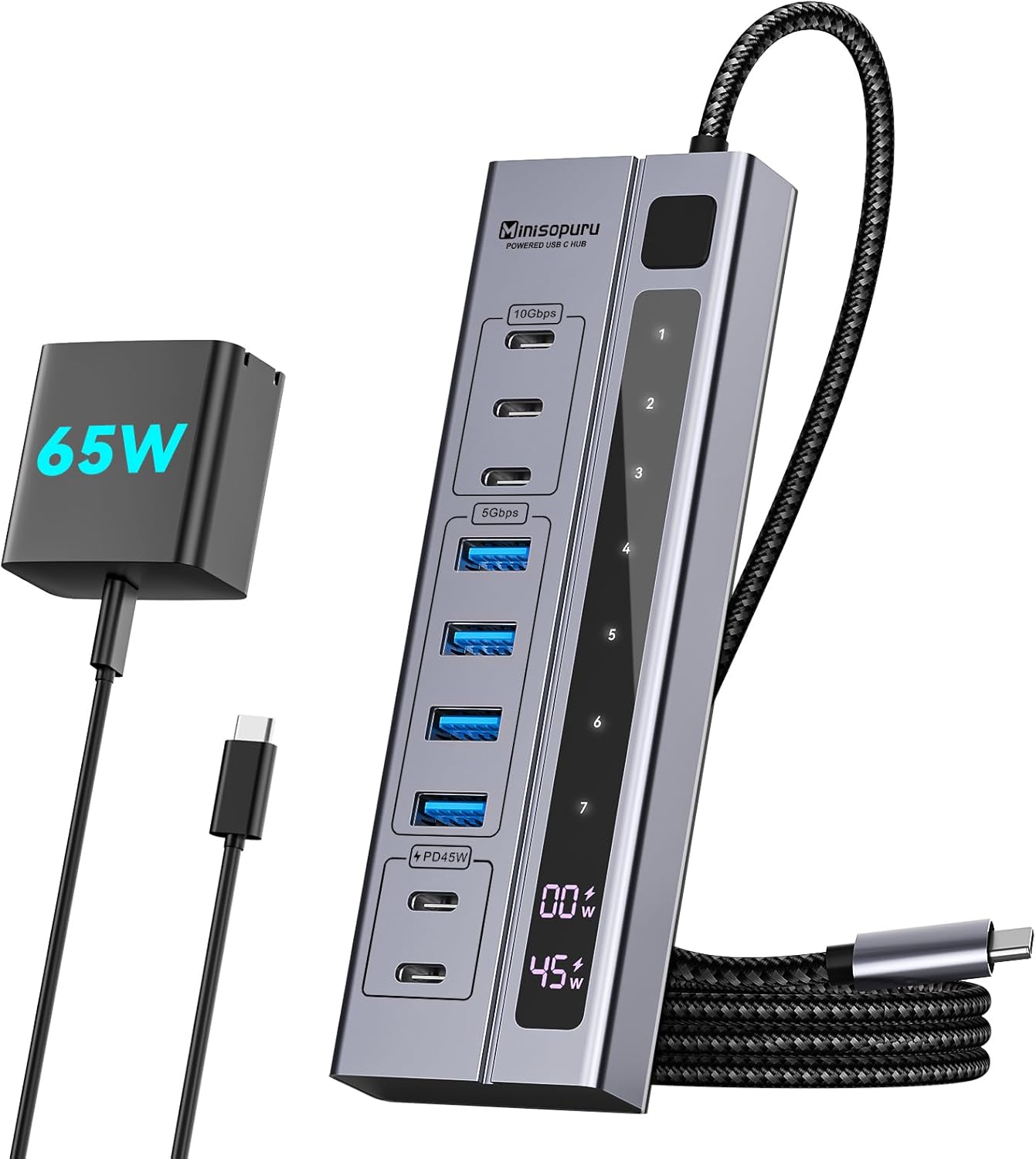 Minisopuru 9 in 1 Powered USB C Hub with 65W Power Adapter Max 45W Charging USB C 10Gbps Data for Meta Quest Pro Steam iPhone
