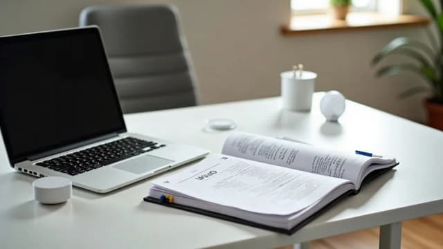 A desk with a laptop, printed product manuals and small smart home devices
